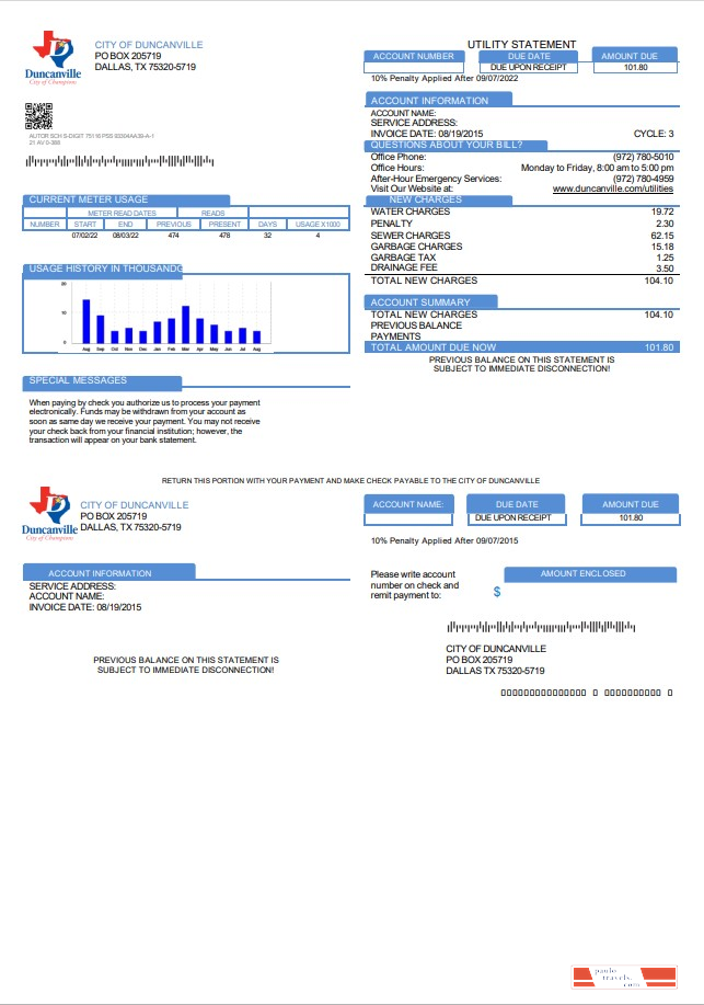 USA Texas City of Duncanville utility bill template in Word and PDF format